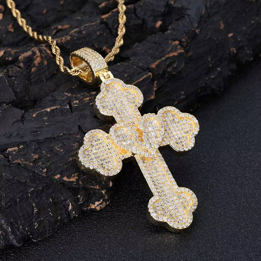Moissanite New Style Large Cross Pendant Necklace Iced Out Jewelry Bling CZ Stone Gold Plated Heart Cross Pendant for Men Women