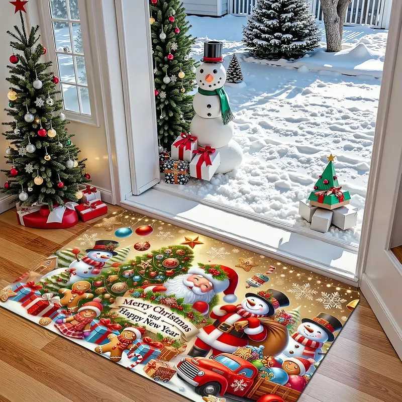 Santa Snowman And Reindeer Design Machine Washable Flannel Floor Mat For Living Room Hallway Bathroom Christmas Decor RugM251117