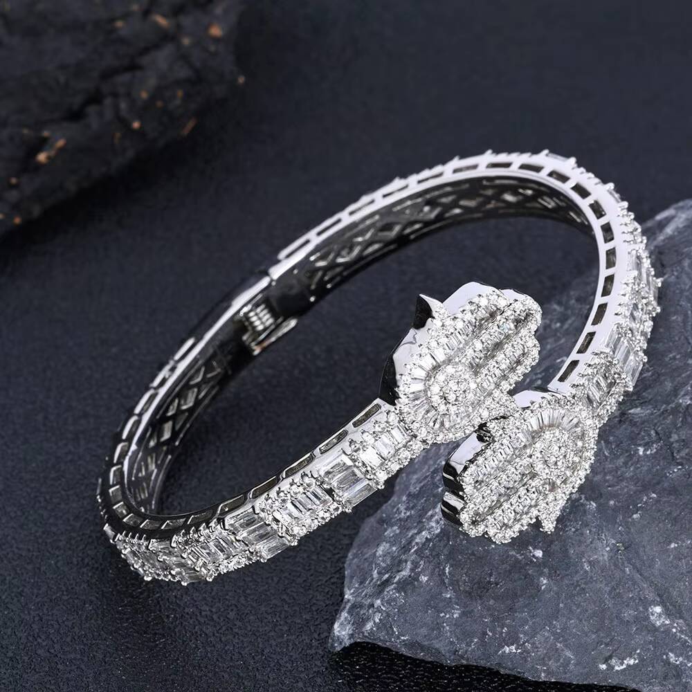 Moissanite Hip Hop Jewelry Micro Pave Baguette CZ Stone Iced Out Hamsa Hand Charm Bangle Bracelet for Men Women