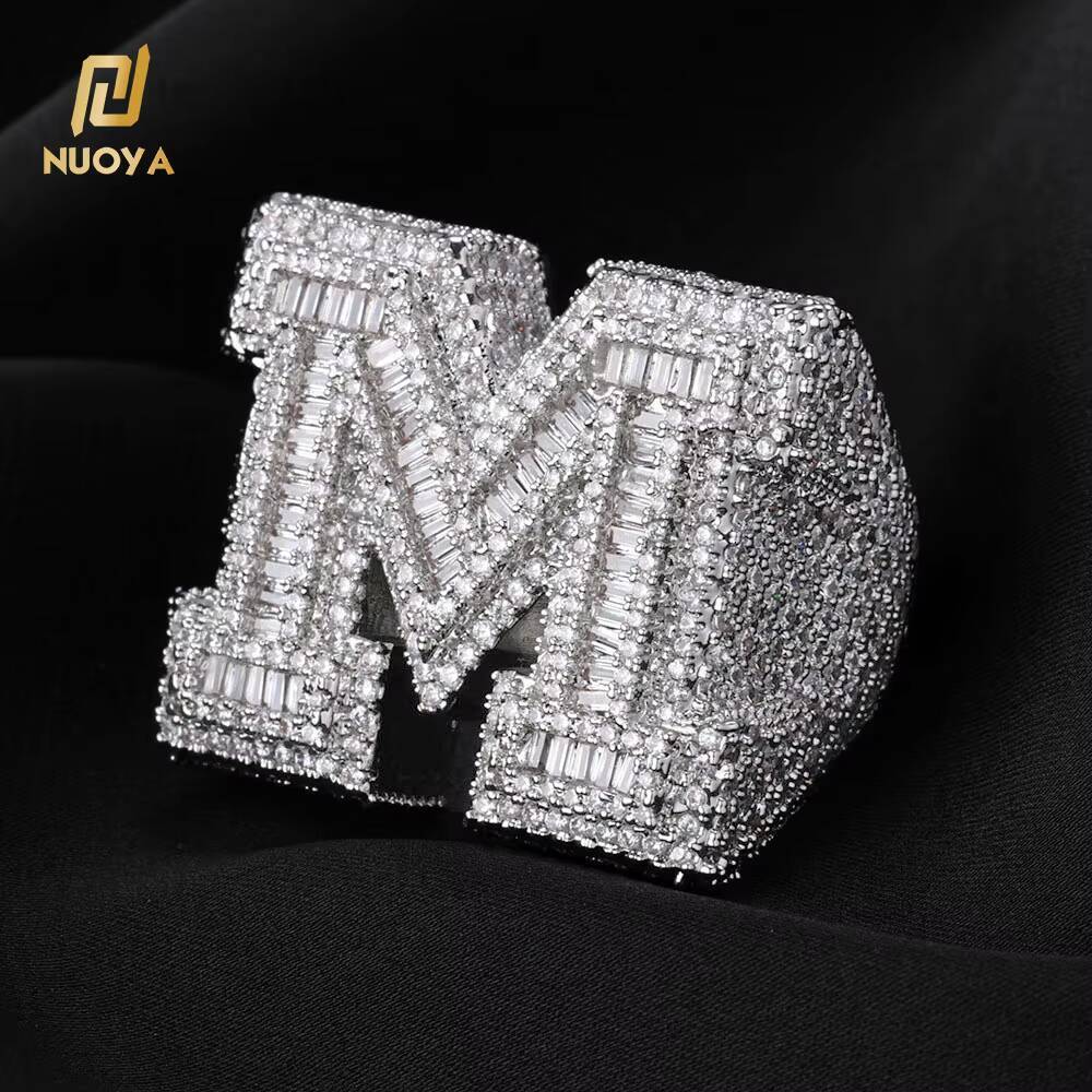Moissanite Custom Shiny Diamond Jewelry Initial Letter Micro Pave Baguette Zircon White Gold Plated Iced Out 26 Letters Hip Hop Ring