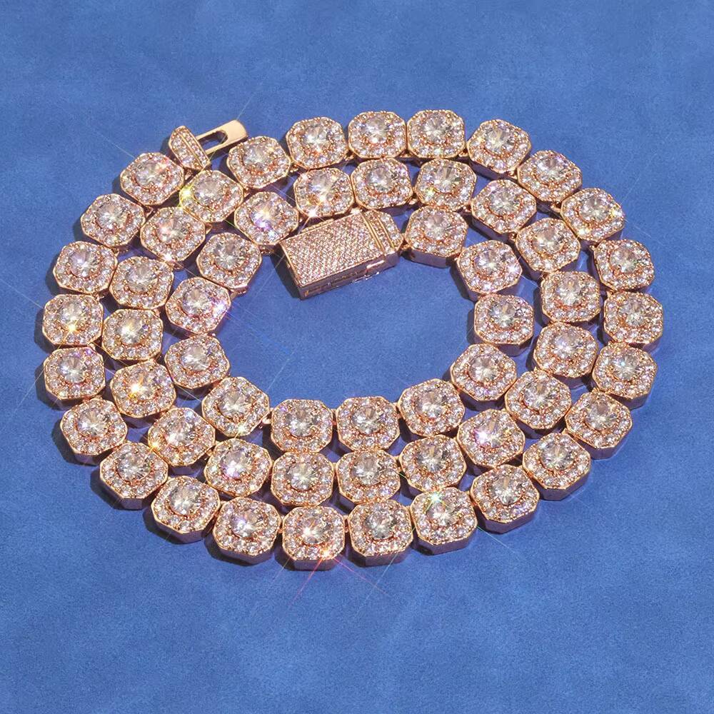 Moissanite Hip Hop Jewelry 10/12mm Rose Gold Plated Clustered Tennis Chain Necklace Bling Iced Out Zircon Choker Necklaces for Women