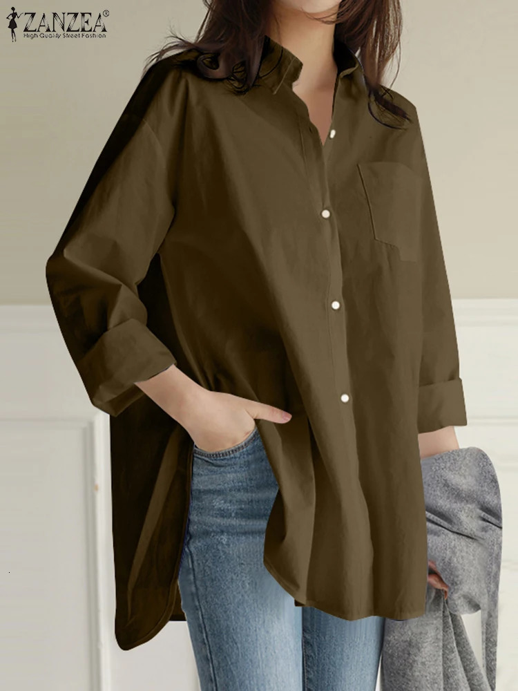 Fashionable womens shirt ZANZEA pure cotton Blouses Spring Lapel Neck long sleeved top casual OL work Blusas Irregular Tunic Mujer 250417