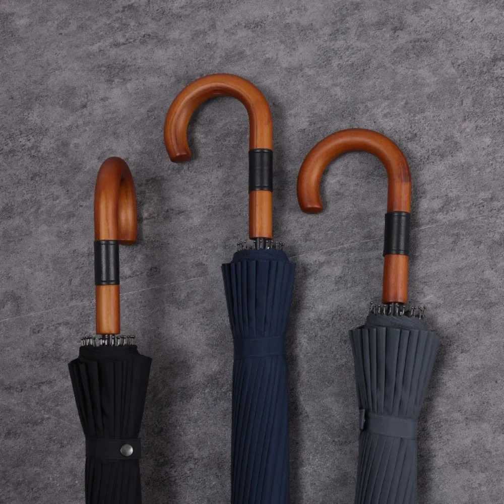 Long Handle Umbrella 24-Bone Solid Wood Handle Sturdy Wind Resistant Reinforcement Rainstorm Umbrella Large Automatic Umbrellas C251117