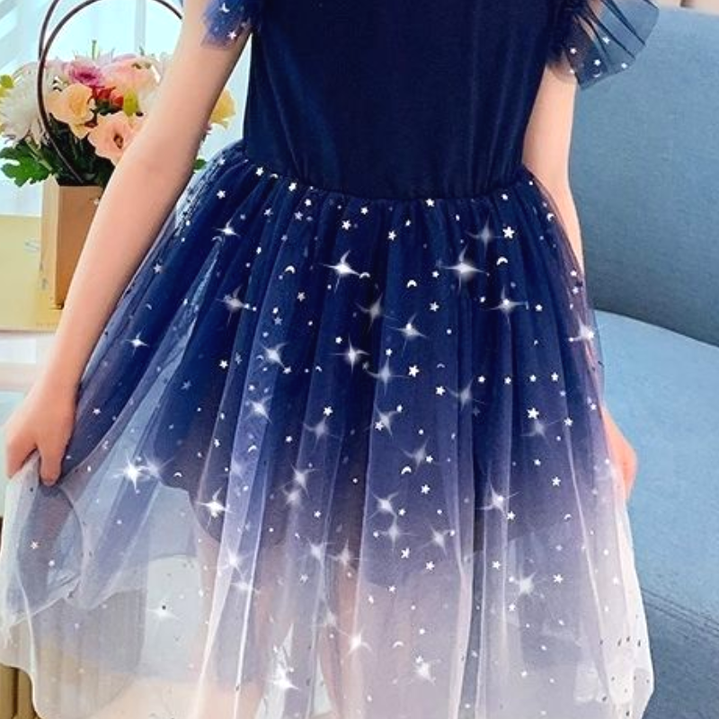 DISNEY kids designer clothes Frozen Elsa princess Girls' Starry Sky Gradient Short Sleeve Dress Princess Dress Puff Sleeve Tulle Skirt for Childr