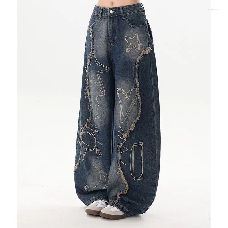 Women's Jeans Trendy Brand Heavy Industry Embroidery Rough Edge Scimitar Retro High Street Waist Loose Wide Legs Baggy Women Z260313