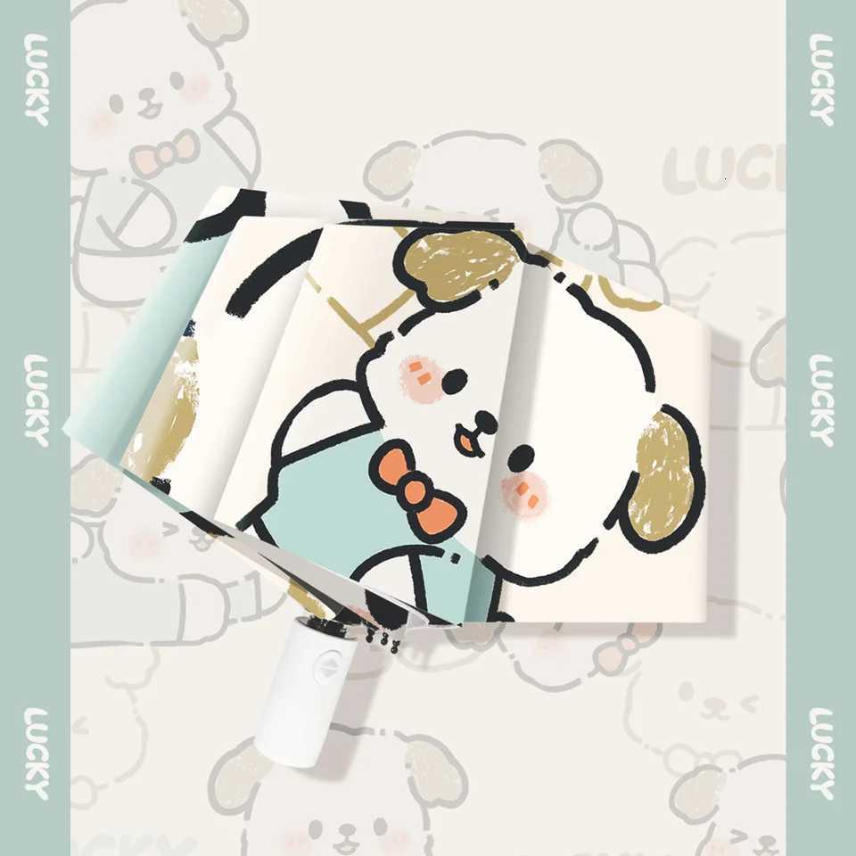 Playful Begging Dog Auto Umbrella - Heavy Duty Black Lining UPF 50 Sun Parasol 8 Fiberglass Ribs Windproof 3-Fold Compact Dig C251117