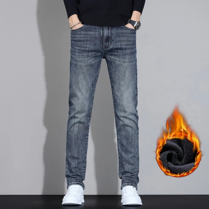 Mens Winter Fleece Thick Velvet Jeans Elastic Warm Slim Fit American Pants Comfortable Fashion Denim Simple Casual Trousers 251114