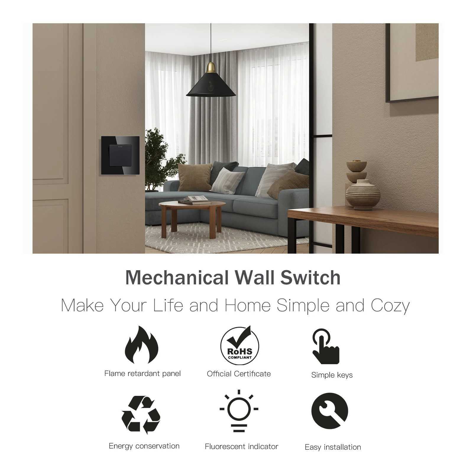 BSEED Wall Switches Button 1/2/3Gang 2Way Glass Panel Mechanical Stair Light Switches EU Change Over Switched Conmutados SwitchW251117 - view 3