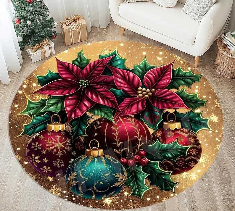 Round Santa Claus Christmas Rug Cozy Fireplace Scene Living Room Bedroom Home Decoration CarpetM251117