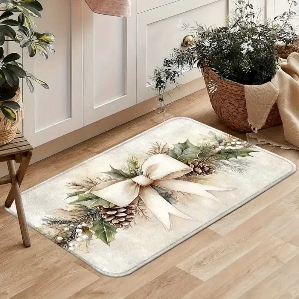 VIKAMA 1PC/2PC Christmas Bow Holly Leaf Doormat Indoor Entry Mat Front Doormat Kitchen Non-Slip Rug Holiday Home DecorM251117