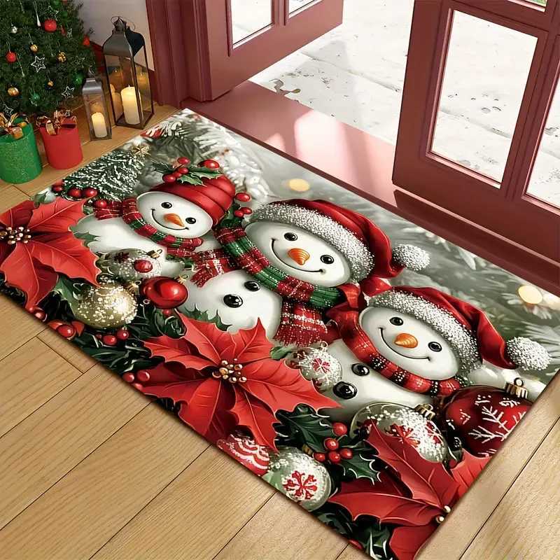 Cute Three Christmas Snowman Welcome Doormat Bathroom Balcony Non-Slip Dirt Resistant Floor Mat Christmas Day Decorative RugM251117