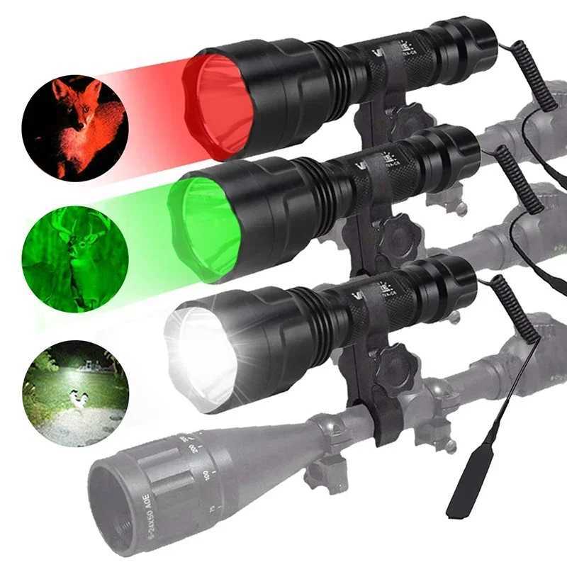 C8 LED Flashlight White/Green/Red Tactical Hunting Rifle LanternPressure SwitchRail Scope Mount18650USB Charger M251117