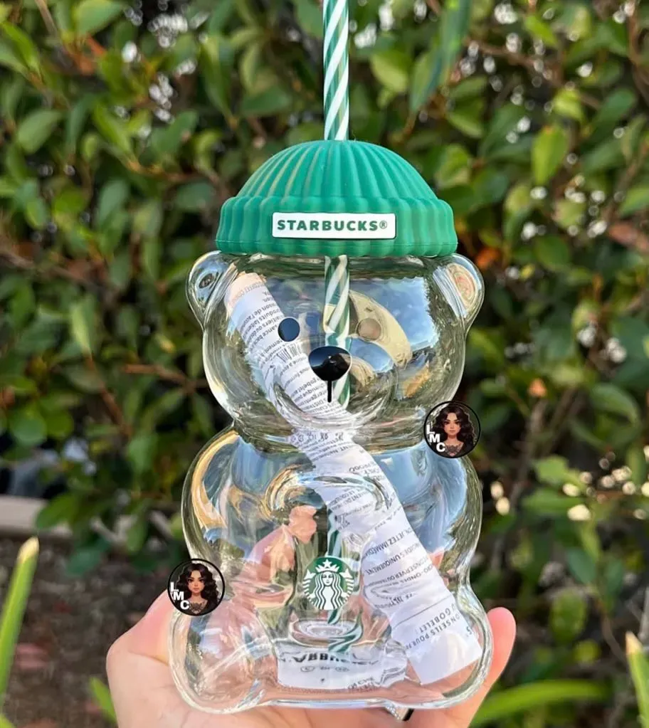 Star bucks Glass Bear Cup With Straw Cute Transparent Tumbler With Hat For Iced Coffee Cold Drink Gift
