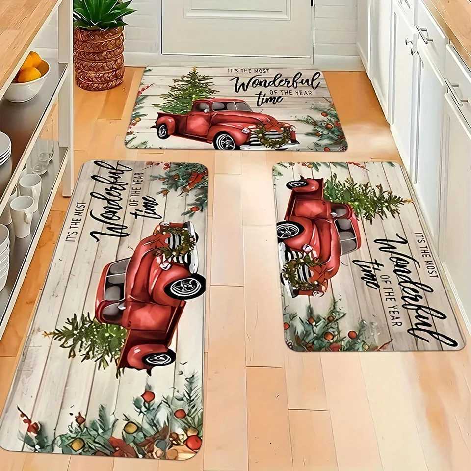 Merry Christmas Snow Resistant Kitchen Mat Polyester Machine Washable Holiday Rug for Kitchen Corridor Bathroom Party DecorM251117