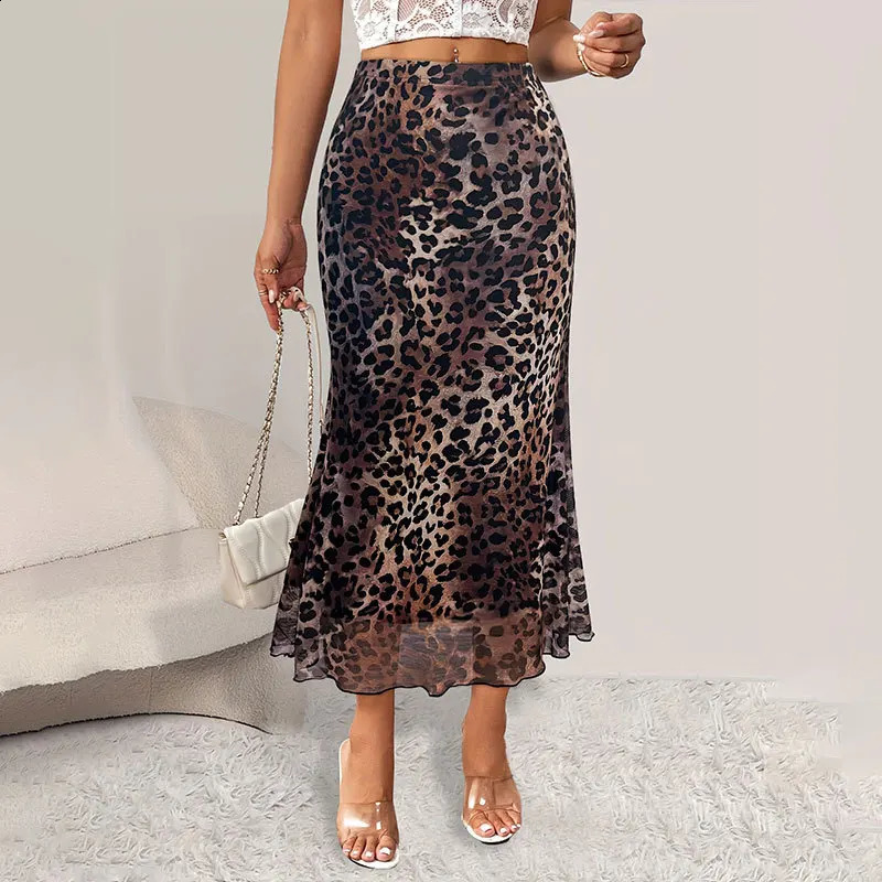 Sexy leopard print fishtail skirt for womens autumn 2024 dress with elastic mesh fabric 250415Z