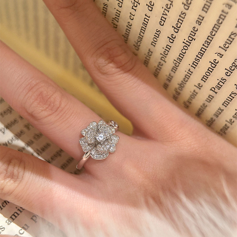 Korean Super Shiny Zircon Flower Open Palace Style Elegant Versatile Index Finger Ring Light Luxury High-end Feel Women's Jewelry