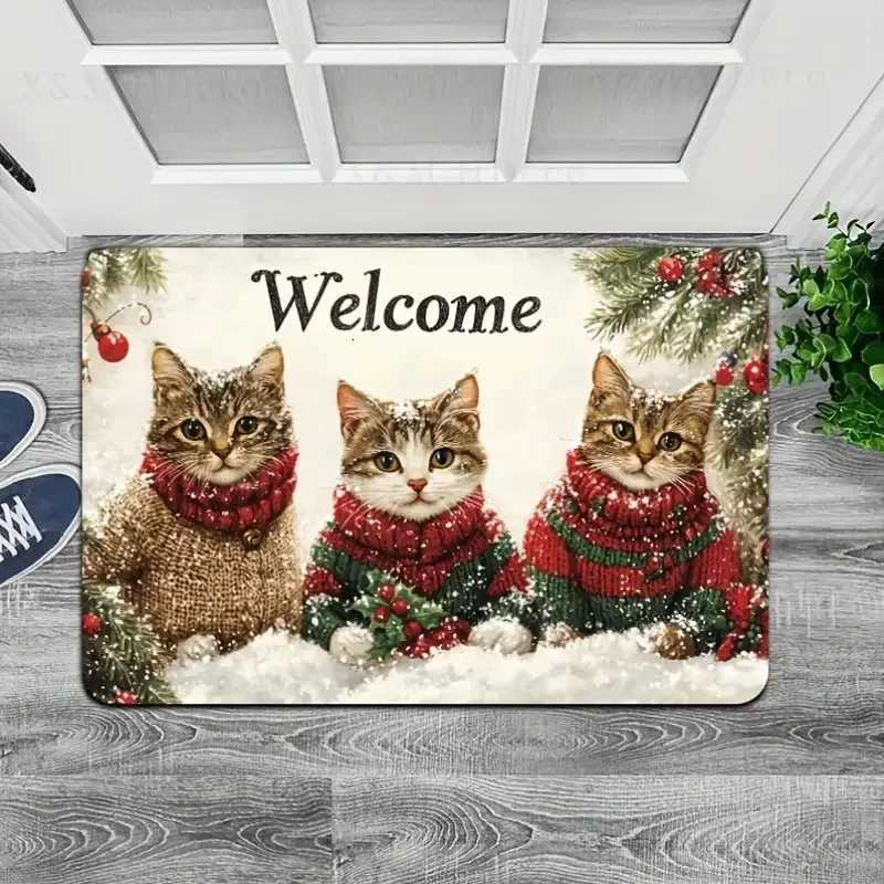 VIKAMA 3 Cats Christmas Welcome Doormat - Polyester with PVC Backing Machine Washable Rug for Multi-Room Holiday DecorM251117