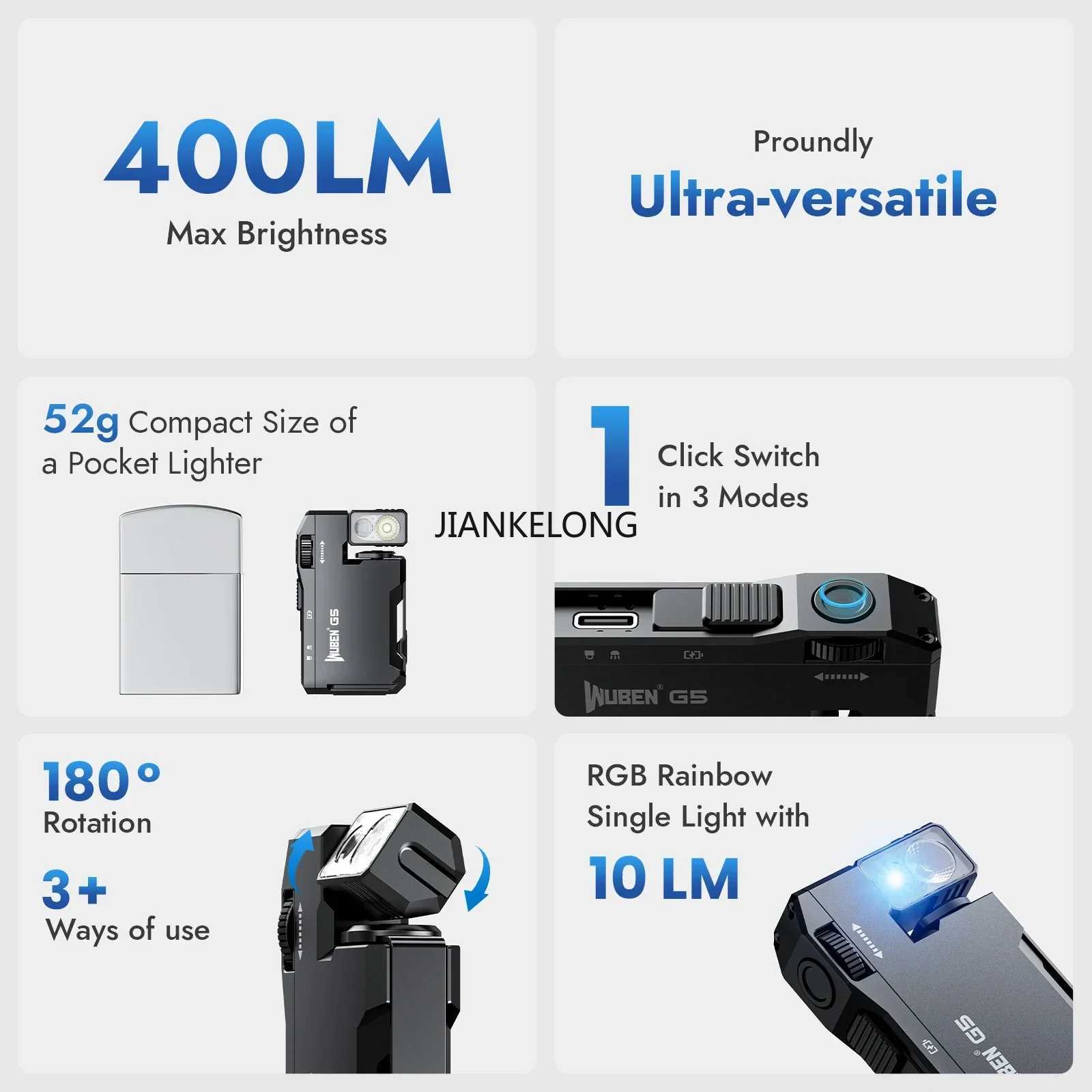 WUBEN G5 Rechargeable EDC Flashlight 400 Lumens Dual Light Sources Mini Flashlight with RGB Light Portable Pocket Flashlights M251117