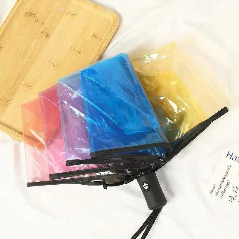 Transparent Plastic Three Fold Women Rain Umbrella Automatic Rainbow Umbrellas For Girls Outdoor Hiking Windproof Parosal C251117