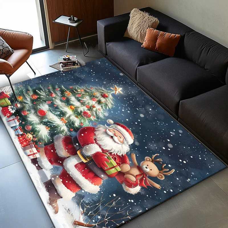 Christmas Santa Claus Rug with Reindeer and Tree Design - Festive Holiday Living Room Carpet Seasonal DecorationM251117