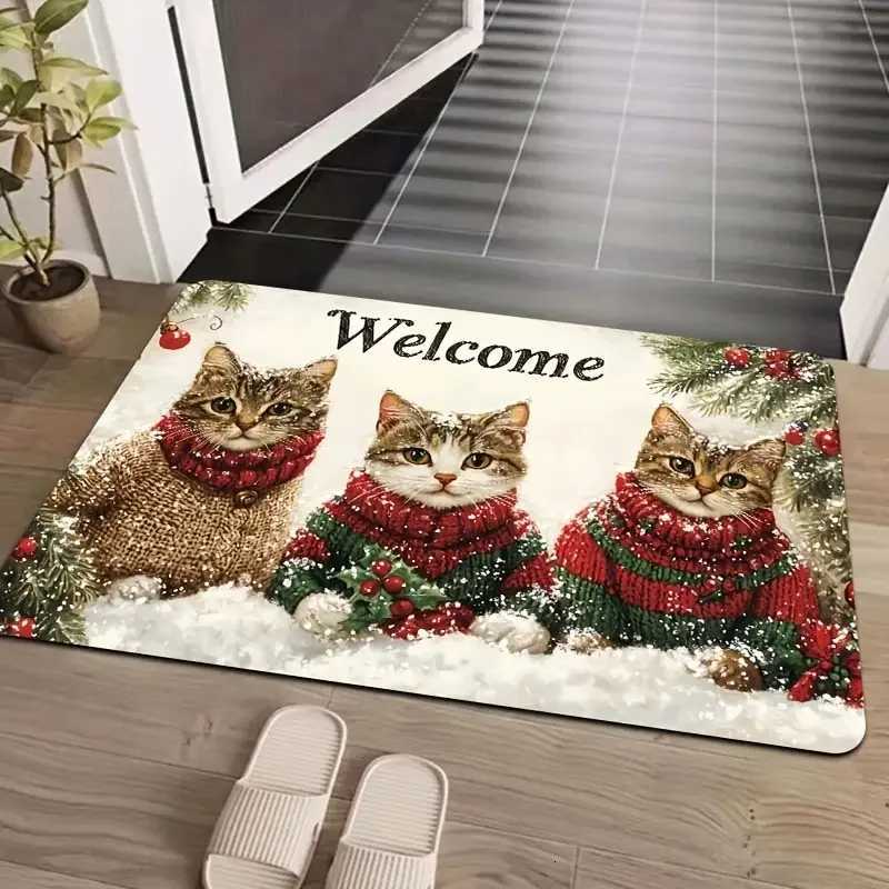 VIKAMA 3 Cats Christmas Welcome Doormat - Polyester with PVC Backing Machine Washable Rug for Multi-Room Holiday DecorM251117