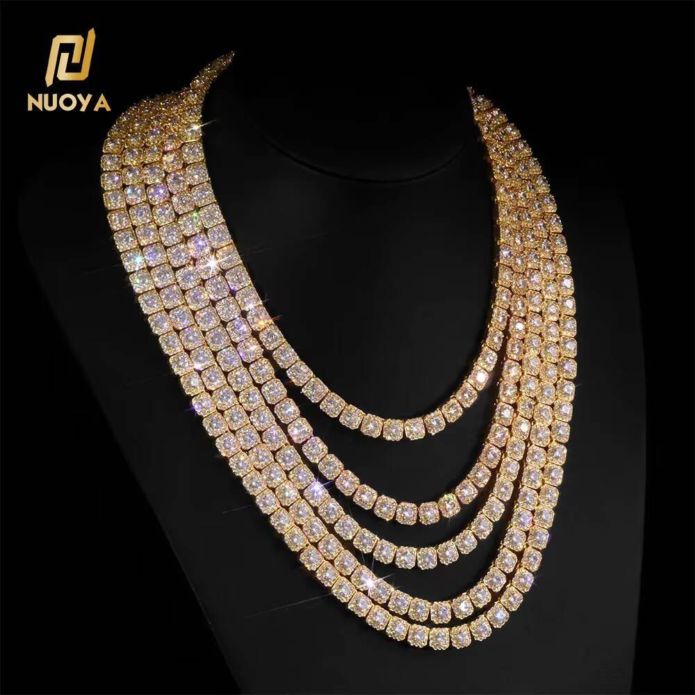 Laboratory cultivation of Moissanite Iced Out Cluster Tennis Chain Necklace 7mm Gold Plated Shiny Diamond Cut CZ Thin Fine Hip Hop Jewelry