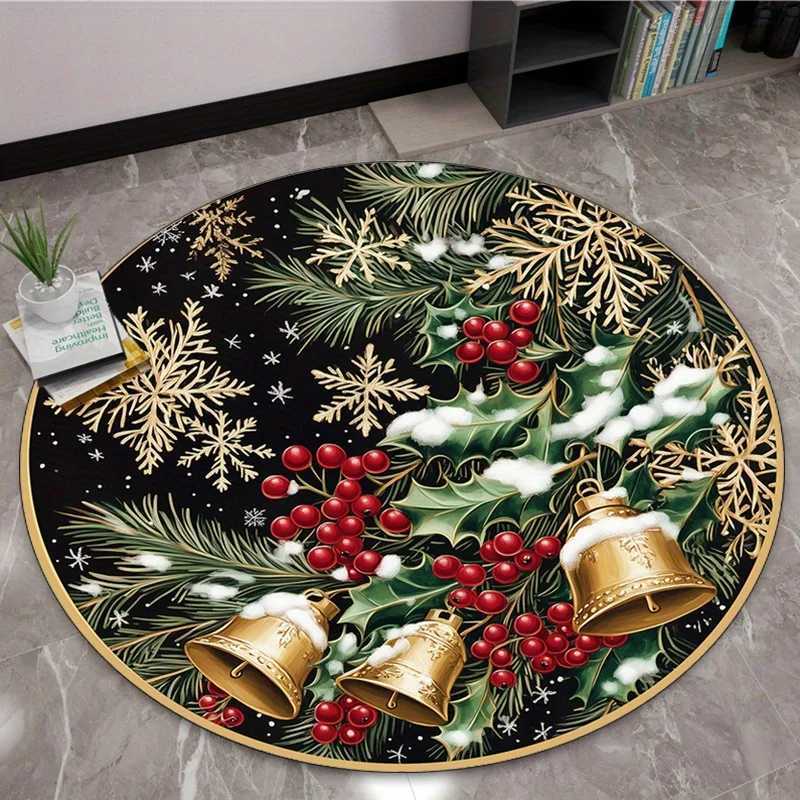 Christmas Snowflake Bell Round Rug Black Green Red Holiday Decoration Home Decor Floor Mat Christmas Theme Living Room CarpetM251117