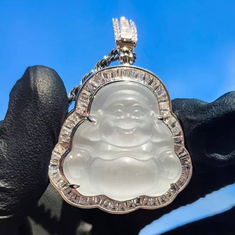 Hip Hop Icy Clear Cubic Zircon Buddah Baguette Buddha Pendant Cz Stone Jade Buddha Necklace