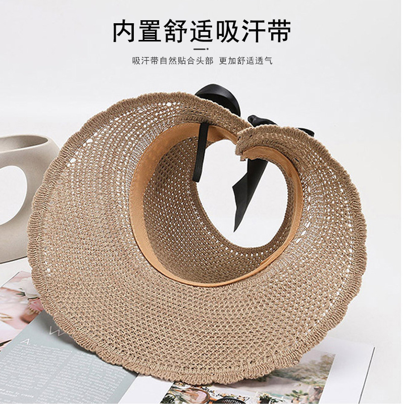 Women Summer Wide Brim Foldable Sun Hat Outdoor AntiUV Beach Visor Caps Empty Top Straw Fashion Bowknot Breathable Cap 250118