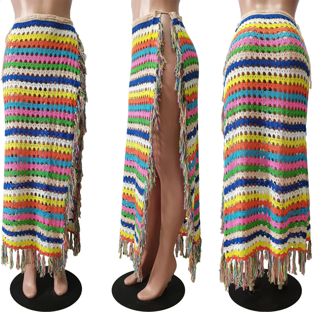 Womens Beach Holiday Rainbow Stripe Knitted Ribbed Bow Waist High Seam Tassel Bottom Maxi Long Straight Skirt 250415Z