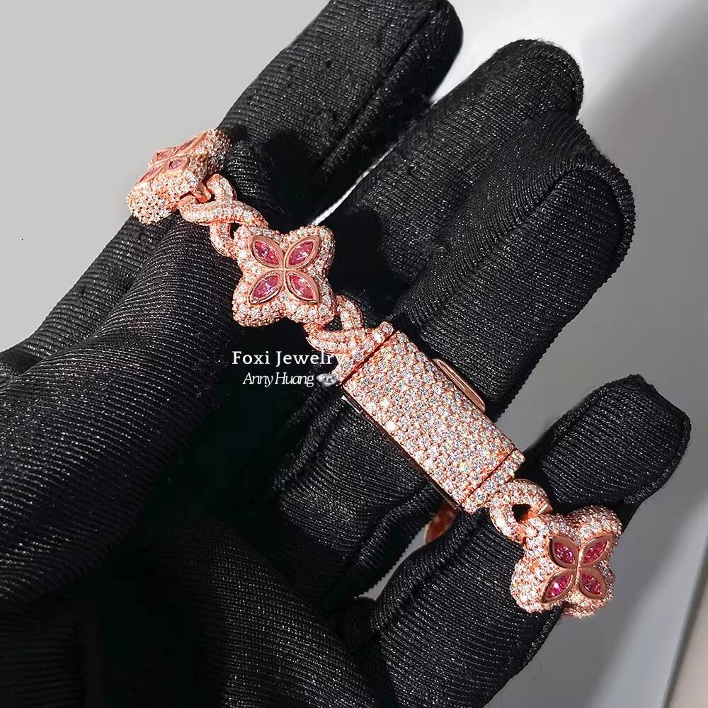 Rose Gold 15mm VVS Moissanite Clover Bracelet Men Hip Hop Iced Out 925 Silver Moissanite Clover Link Bracelet Tennis Bracelets