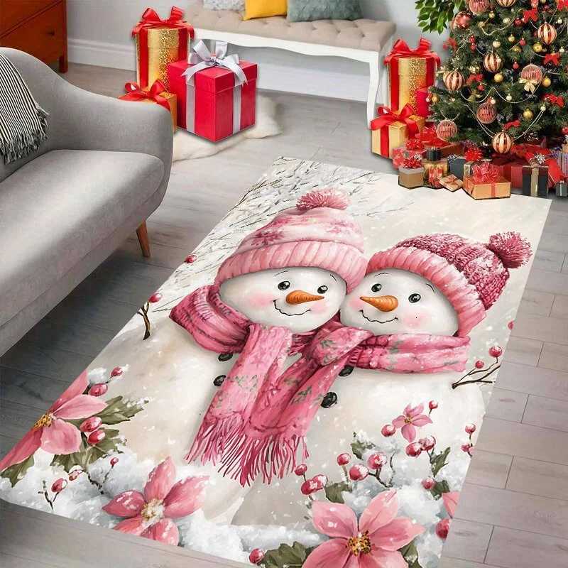 Christmas Snowman Print Area Rug with Pink Scarf - Non-Slip Crystal Velvet Carpet for Living Room Kitchen Bedroom and Home DeM251117