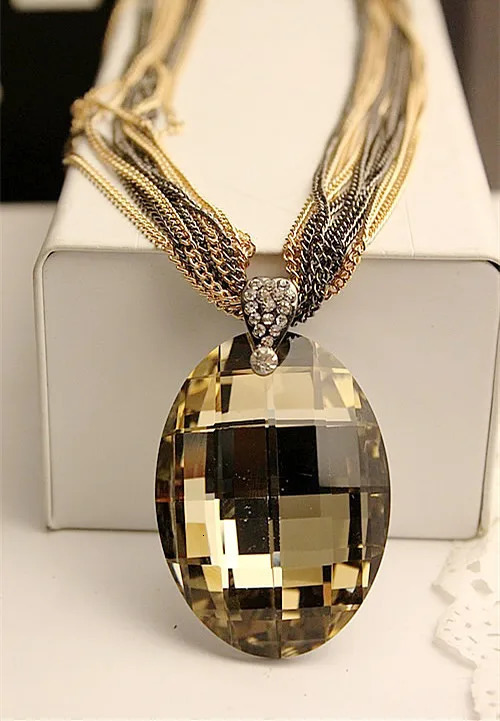 Gold Color Black Oval Glass Crystal Pendant Charm Multi-Chain Long Chain Necklaces for Women Summer Party Gift 251114