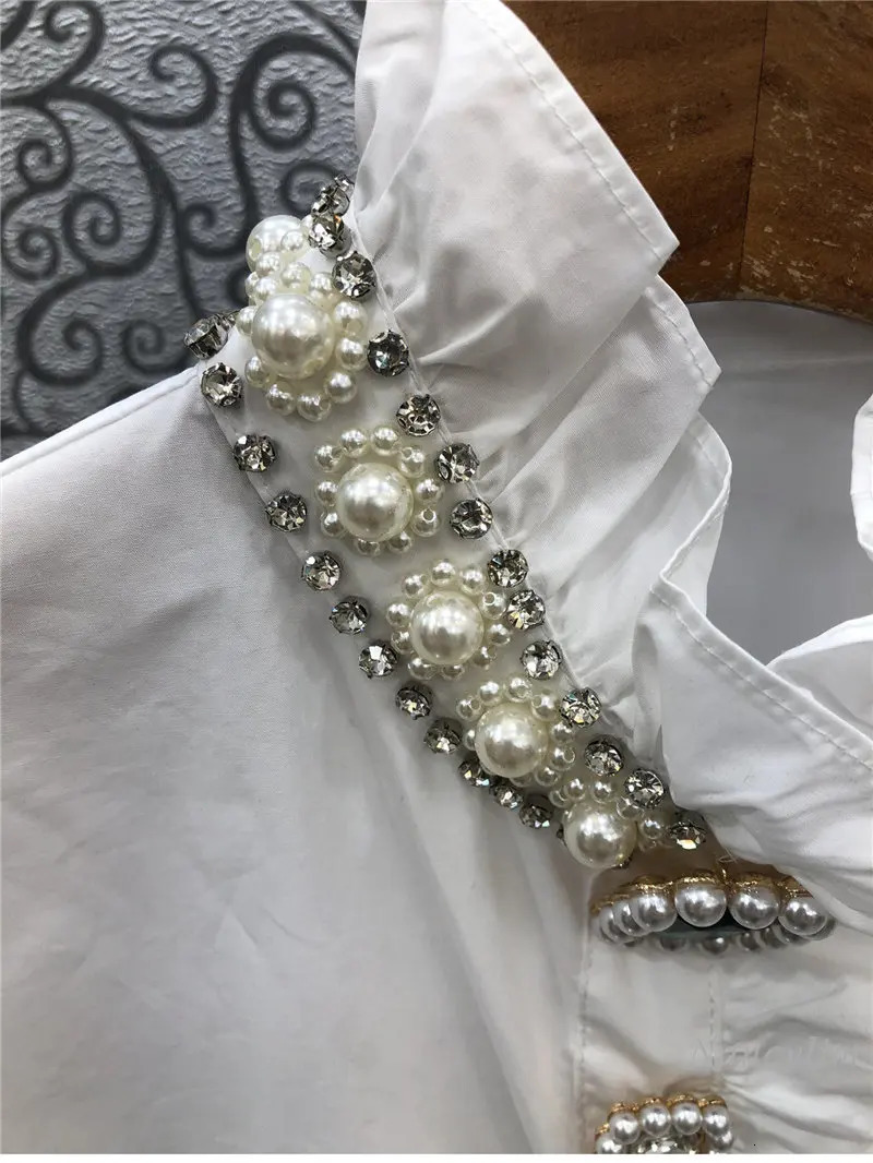 Spring Exquisite Rhinestone Beaded Ruffled Shirt for Women Long Lantern Sleeve Cotton Blusas Ladies White Blouses Loose Top 250415