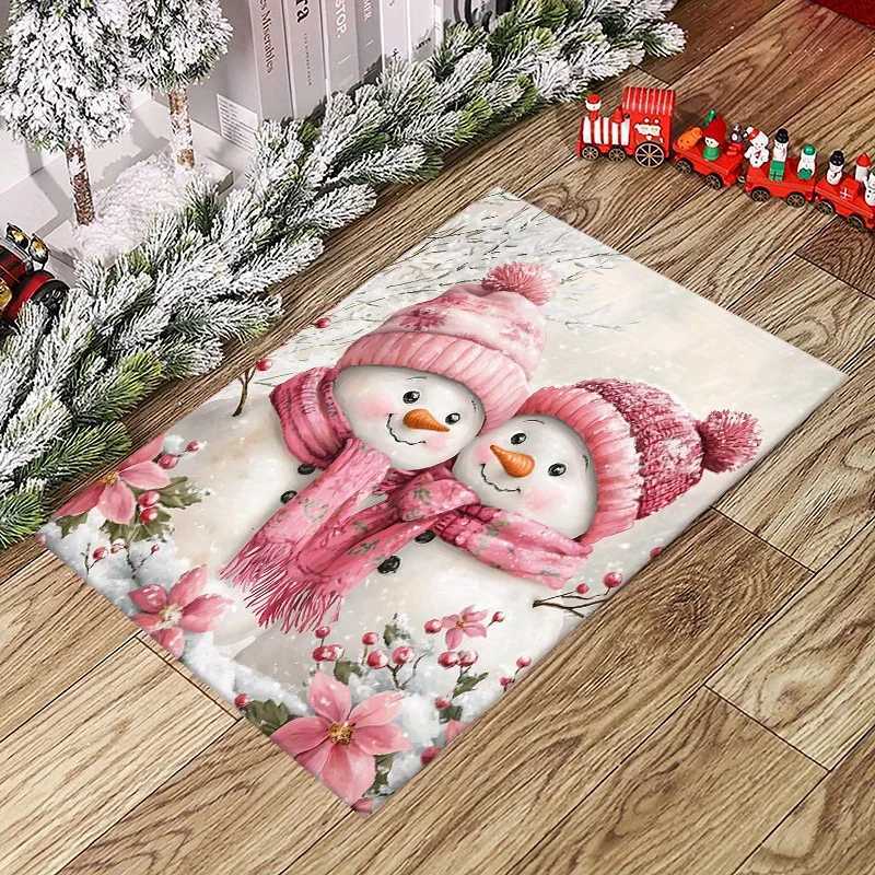 Christmas Snowman Print Area Rug with Pink Scarf - Non-Slip Crystal Velvet Carpet for Living Room Kitchen Bedroom and Home DeM251117