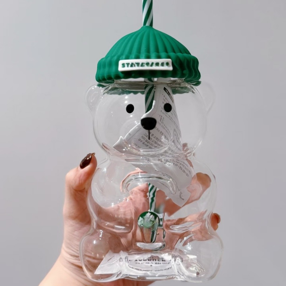 20oz Star bucks Glass Bear Cup With Straw Cute Transparent Tumbler With Hat For Iced Coffee Cold Drink Christmas New Year Gift Bearista 2025 Limited E