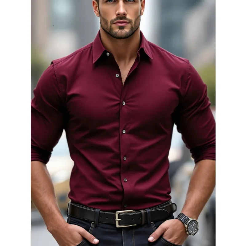 2025 Mens Shirt Solid Color Long Sleeve Smart Casual Four Season Elastic Male Business Shirts 250417