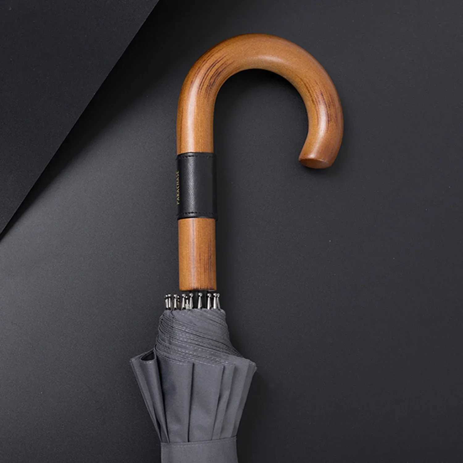 Hot Sale Wooden Leather Handle Umbrella Men 16 Ribs Windproof Long Big Umbrella Rain Women Umbrellas Stick Paraguas C251117