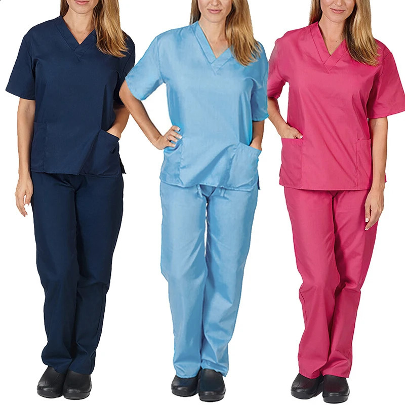 Solid Color V-Neck Short Sleeve Nurse Workers Uniform Women Hospital Doctor Nursing Workwear Set Dental Surgery Clothes 250415
