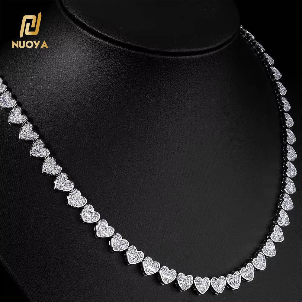 Moissanite Silver Plated Cluster Tennis Chain 8mm Iced Out Zircon Mixed Inlay Baguette Diamond Heart Design Necklace Hip Hop Jewelry