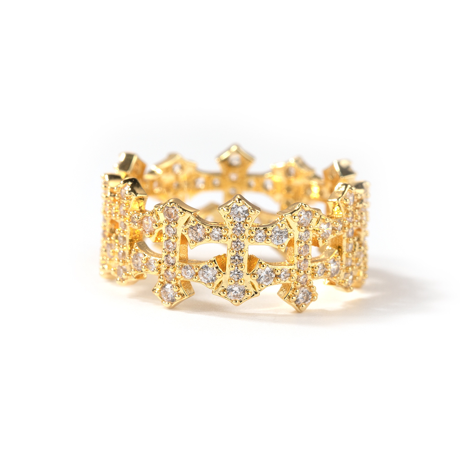 Hip Hop Cross Tennis Chain Ring 18K Gold Plated 5A Zircons Finger Rings Jewelry