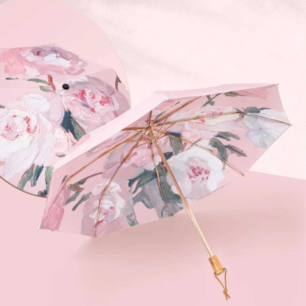 Double Layer Umbrella Wood Handle Vintage Floral Three Fold Umbrellas Foldable Uv Protection Sunshade Sun Protection Umbrellas C251117