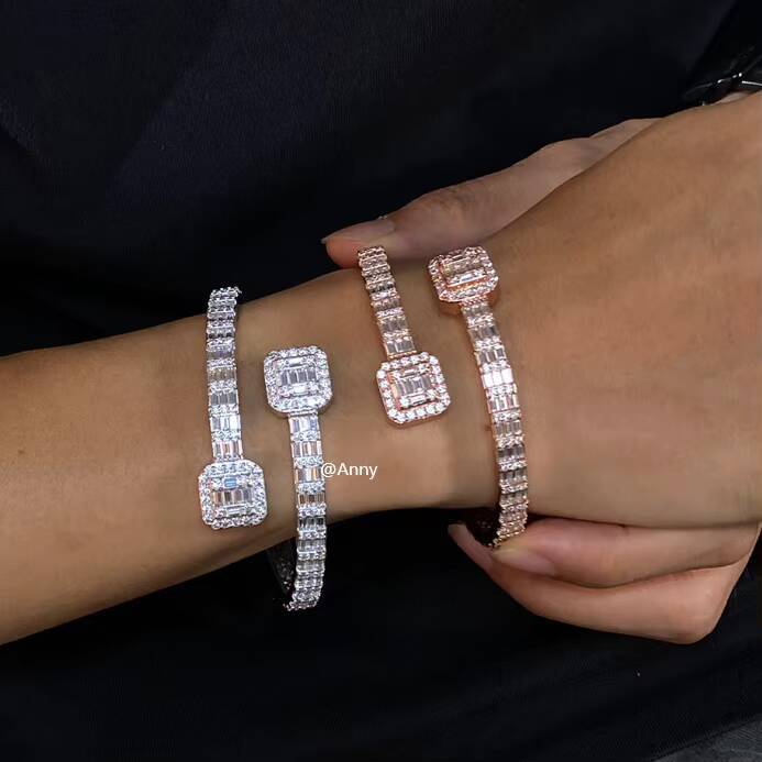 Hip Hop Men Jewelry Iced Out Baguette Moissanite Bangle Bracelet 925 Sterling Silver Rose Gold Wrap Statement Stackable Bangle