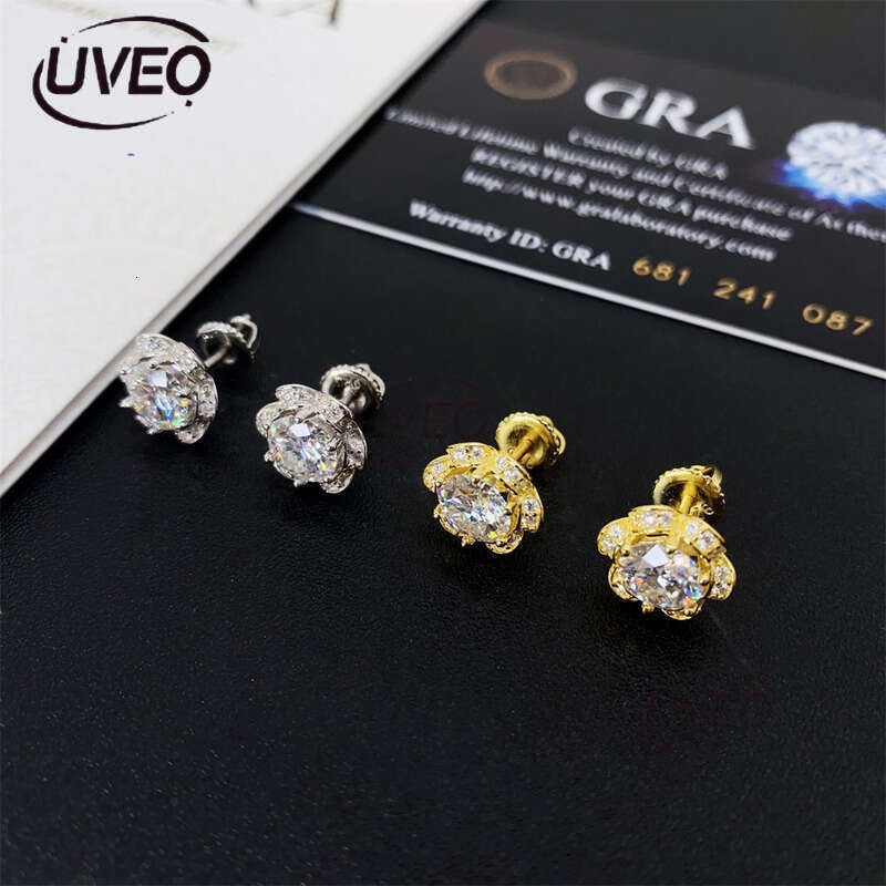Jewelry Sterling Silver VVS Iced Out Gold 925 Earrings Studs Hiphop Pass Dias Tester Round Cut Couple Gift