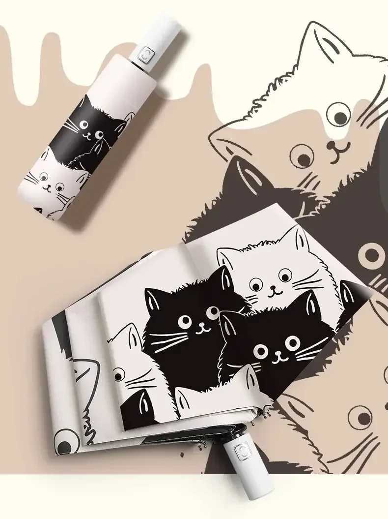 1pc Simple Cartoon Kittens Printed Black And White Automatic Umbrella Sunny And Rainy Dual-use UV Protection Umbrella C251117