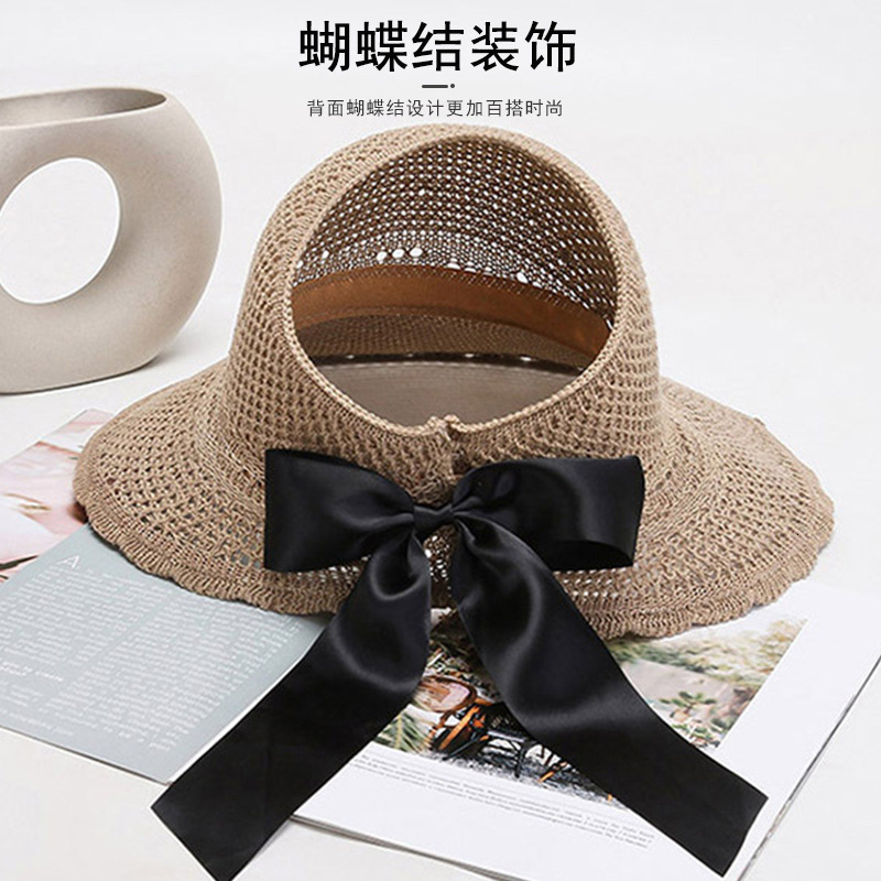 Women Summer Wide Brim Foldable Sun Hat Outdoor AntiUV Beach Visor Caps Empty Top Straw Fashion Bowknot Breathable Cap 250118