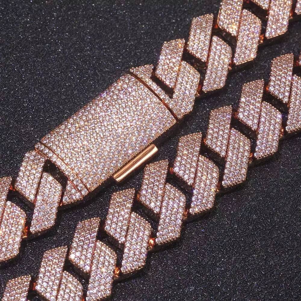 Moissanite Luxury Miami Cuban Link Chain Necklace 15mm 4 Row Iced Out CZ Prong Rose Gold Plated Hip Hop Jewelry