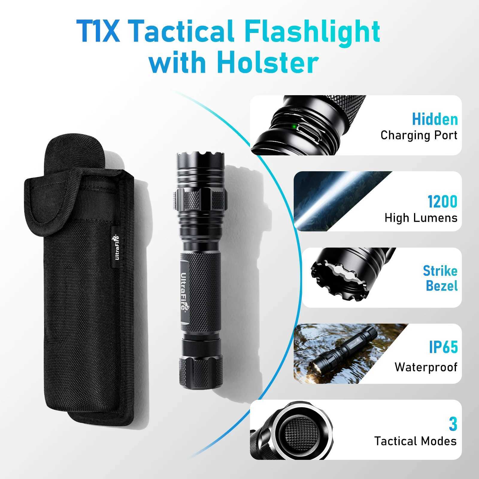 UltraFire T1X Tactical Flashlight with Magnetic Belt Holster 3 Modes 1200LM USB C Rechargeable Police Lamp for Camping Emergency M251117