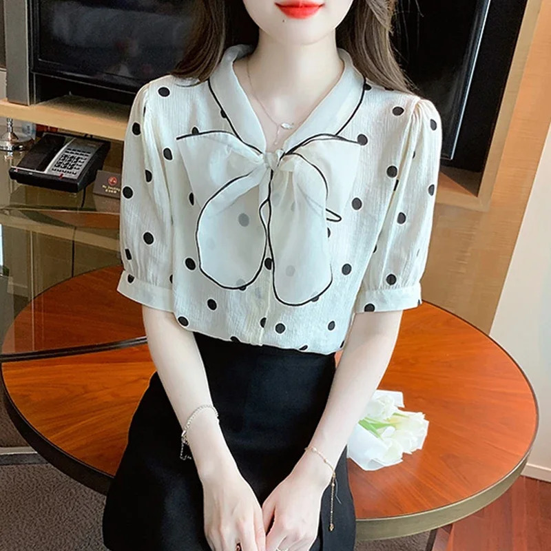 2025 Fashion Summer Short Sleeve Dot Women Shirt Bow Collar Chiffon Shirt Blouse Women Tops Camisas Blusas Camisas De Mujer G459 250417