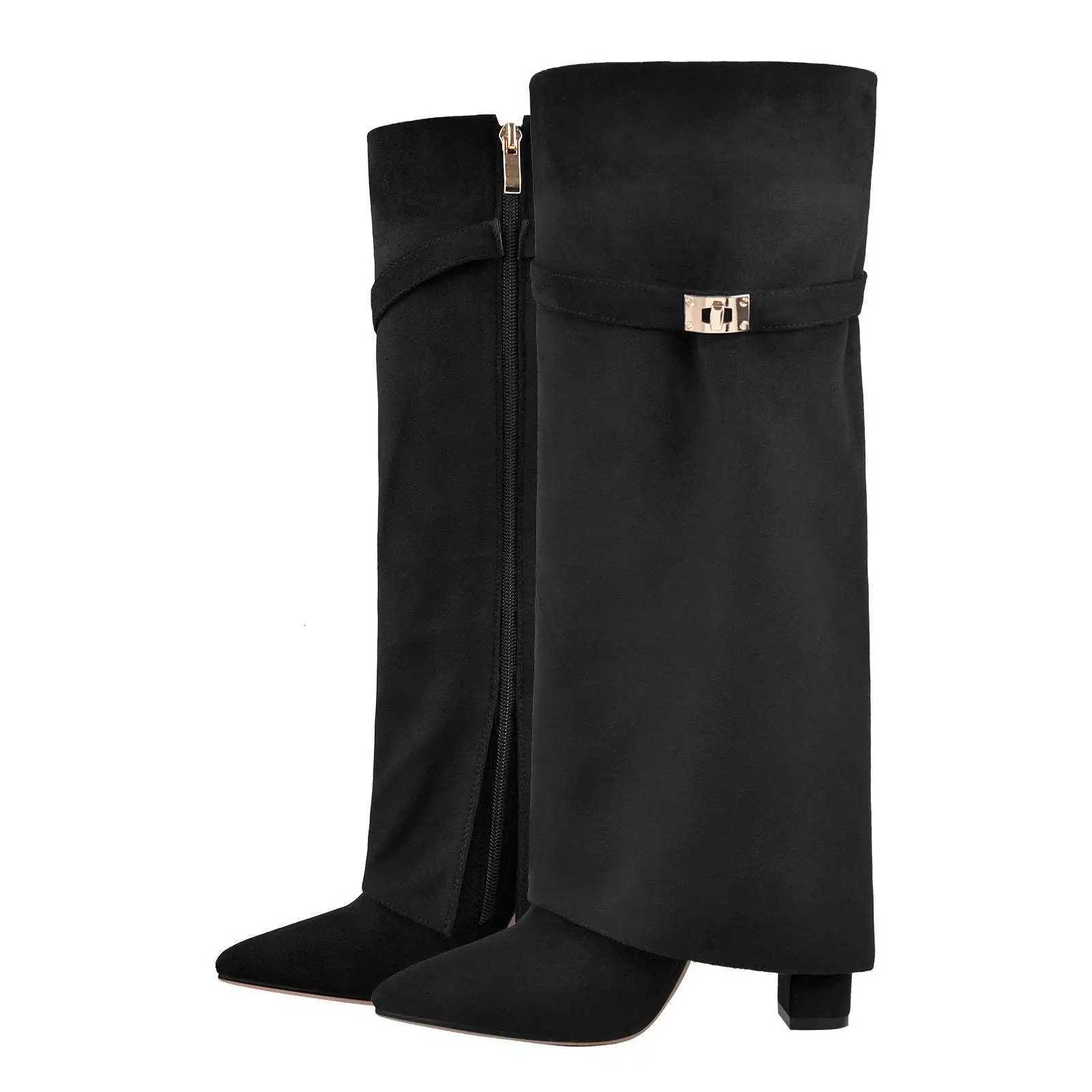Autumn And Winter Wens Fion Metal Buckle Knee High Boots Pointed Toe High Quality Keep Warm Ladies Sexy Mid Top Boots Y251117